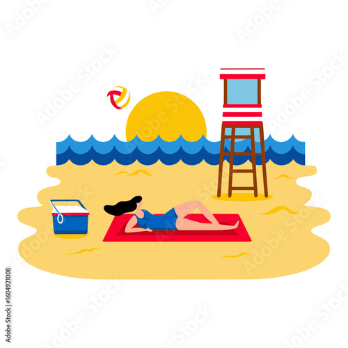 Woman relaxing on beach with lifeguard tower and volleyball