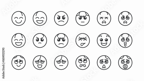 Emotional Spectrum: A collection of minimalist line drawings, each a unique expression of a human emotion, perfect for illustrating feelings and moods.