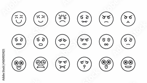 Emotions Icons: A collection of emotion icons in line art, capturing a diverse range of expressions
