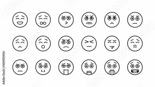 Emoji Expression Set: A versatile array of expressive emoji faces, representing a spectrum of human emotions, from joy to anger, designed in a minimalist, clean style. 
