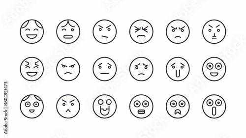 Emotions Emoji Collection: A curated selection of minimalist emojis, each expressing a unique emotion, perfect for digital communication and conveying a range of feelings with clarity.