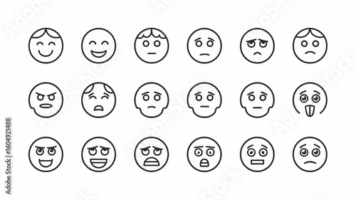Emoticon Gallery: A comprehensive collection of minimalistic emoticons, expressing a spectrum of human emotions in a clean, graphic style.
