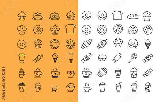 Outline icons of baked goods and drinks on orange and white backgrounds