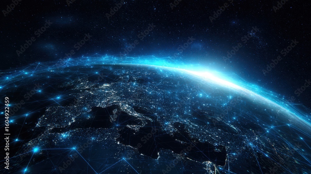 Fototapeta premium The stunning view of Earth illuminated by digital connections at night.