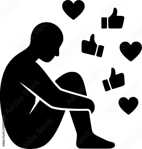 Depressed person sitting with head down surrounded by social media like and heart icons vector illustration representing mental health, validation anxiety, loneliness and emotional pressure