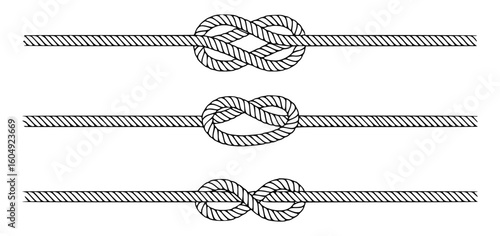 Black and white illustration of three different rope knots nautical sailing