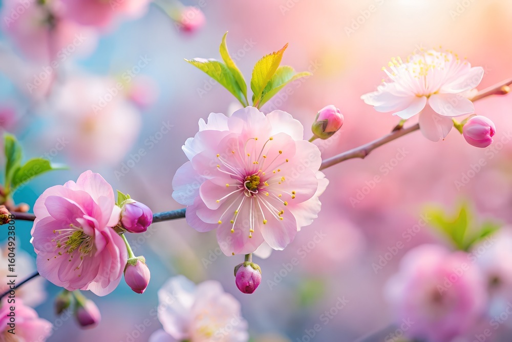 Obraz premium Delicate pink cherry blossoms bloom on a branch in springtime
