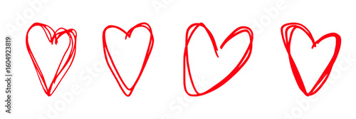 Handdrawn scrawl red hearts drawn with marker strokes on white. Vector graphic illustration