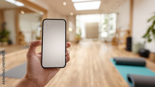 The smartphone held in a hand in a modern wellness studio setting.