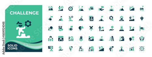 Challenge colorful solid icon set. Contains filled symbols like target, work, performance, strategy, achievement, exam, development and more. Icons for UI design. Performance icon set. Pixel perfect.