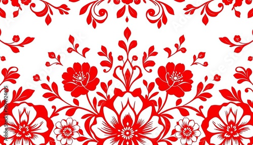 Elegant red & white floral Polish folk art seamless vector pattern , botanical, celebration