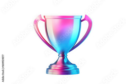 A gleaming metallic trophy with two handles illuminated by vibrant pink and blue neon lights against a stark black background symbolizing achievement and victory