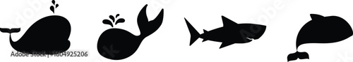 Minimalist Silhouette of Whales and Shark, Ocean Wildlife