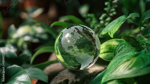 The glass globe resting among lush greenery in a tranquil setting.