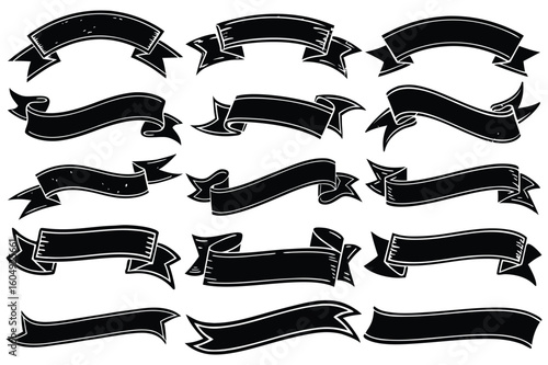 Black Vintage Ribbon Banner Pack – Retro Hand-Drawn Vector Labels for Design and Branding