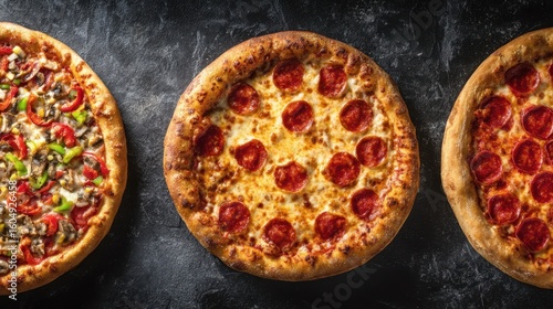 The delicious assortment of pizzas showcasing different toppings and styles.