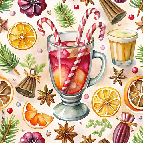 Watercolor hand drawn Christmas seamless pattern with mulled wine, candy canes, orange slices and candies on white