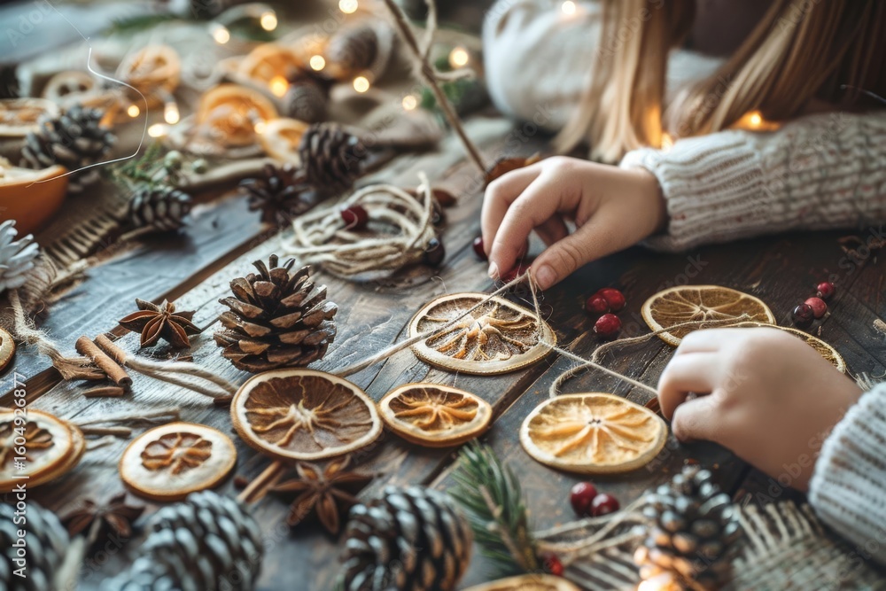 Fototapeta premium Overhead shot of hands stringing dried orange slices with twine amidst pinecones, star anise, and cranberries on a wooden surface.