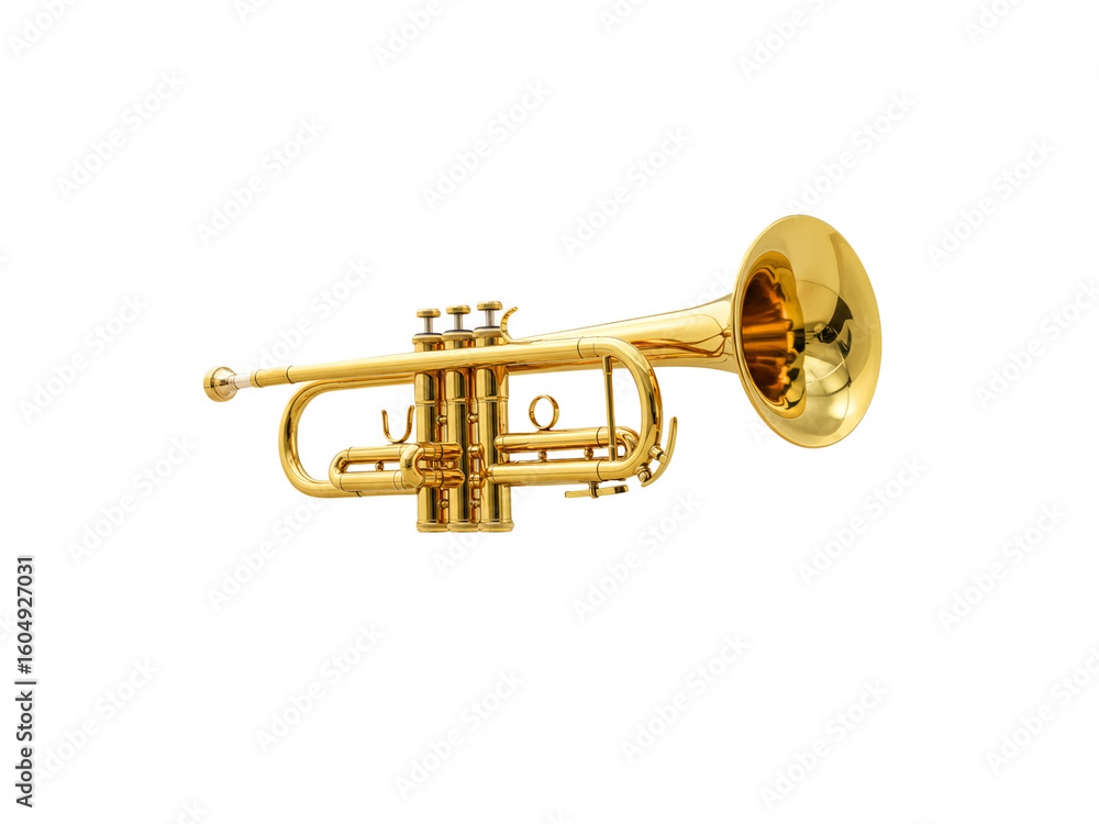Obraz premium Golden trumpet musical instrument isolated on white background