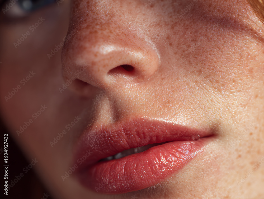 Fototapeta premium Macro shot of a woman’s natural lips and freckled skin texture in soft light, perfect for skincare, beauty, or cosmetic themes