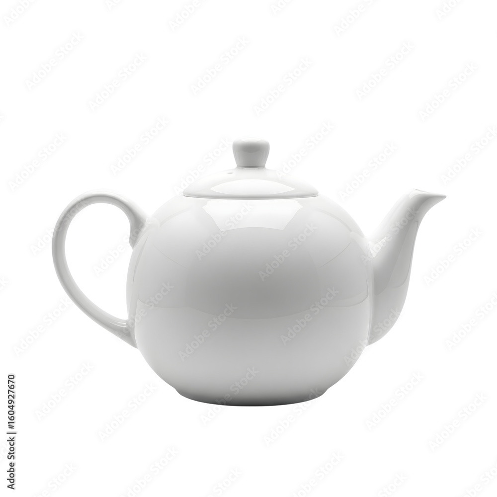 White ceramic teapot with a round body and curved handle isolated on transparent background White ceramic teapot with a round body and curved handle isolated on transparent background