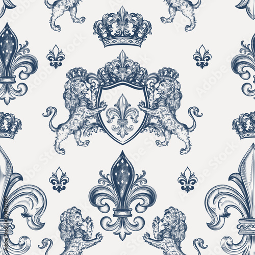 Heraldic toile de jouy vector seamless pattern with lions and fleur de lis