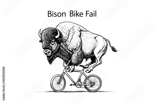 Humorous Illustration of a Massive Bison Struggling to Ride a Tiny Bicycle in an Amusing Mishap