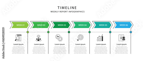 Timeline process infographic template with 6 step and icons suitable for business information and web presentation.