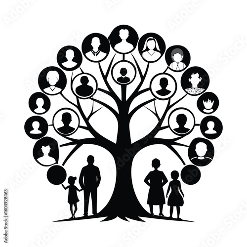 Family tree silhouette with people icons isolated on white background

