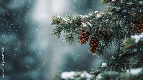 The pine tree adorned with snow and festive cones in winter tranquility.