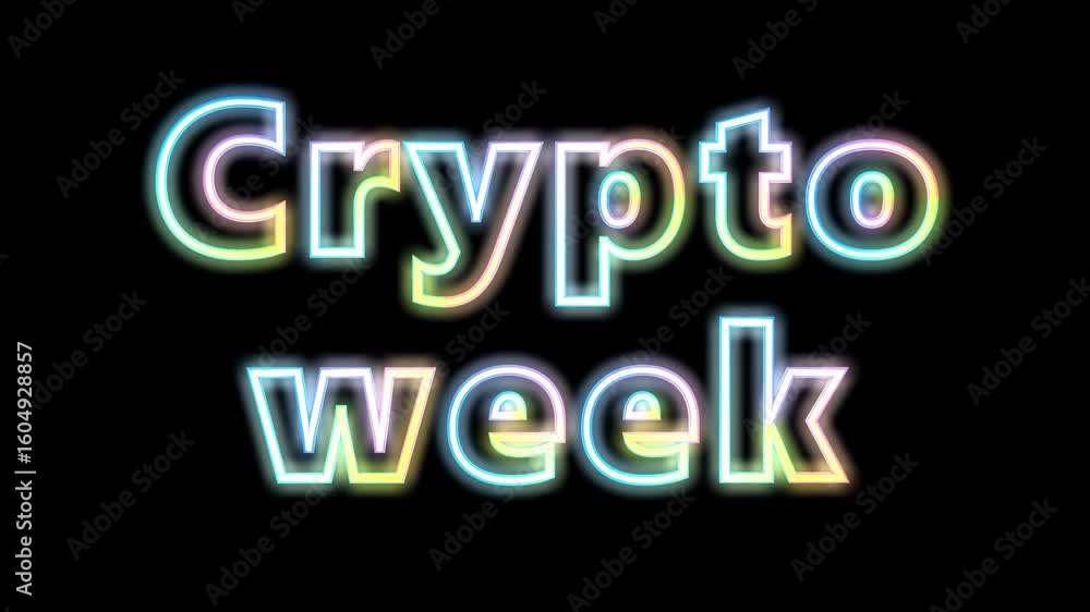 Neon text Crypto week on black background. 3D animation.