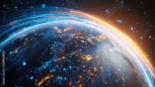 The Earth Glowing with Dynamic Digital Connections and Vibrant Lights