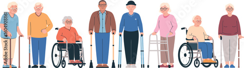 Diverse group of elderly people with mobility aids standing together