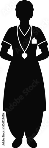 Black silhouette of a nurse wearing scrubs and a heart pendant