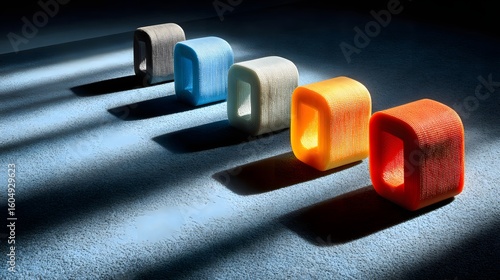 Colorful 3d printed objects in a row.