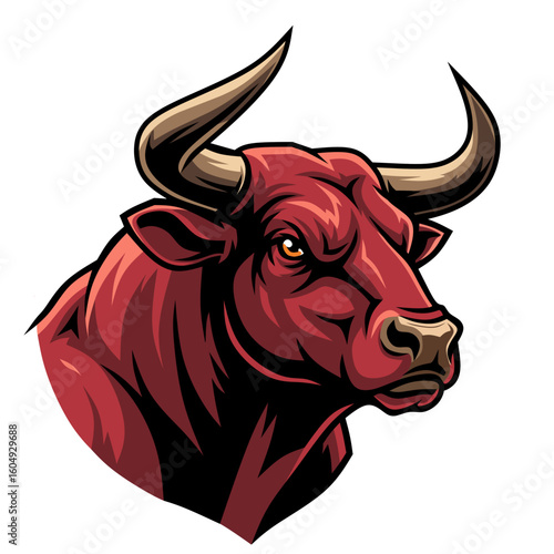 Fierce red bull head with a powerful and aggressive expression, designed as a sports team mascot or emblem illustration.