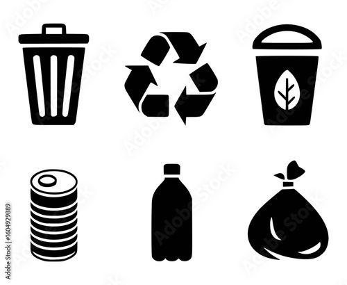 Trash can recycling symbol paper cup stacked cans plastic bottle garbage bag vector