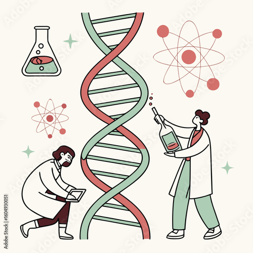 Scientists working with dna molecule flask and atom models in a research environment setting