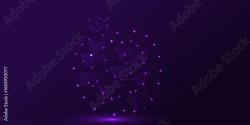 Polygonal technology apple background. Apple fruit made of futuristic  dark purple  background. This futuristic image represents the idea of using technology to create new foods. low poly wireframe.