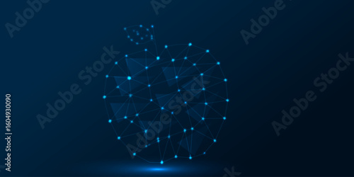 Polygonal technology apple background. Apple fruit made of futuristic  dark blue  background. This futuristic image represents the idea of using technology to create new foods. low poly wireframe.