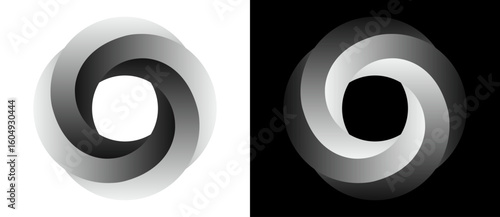 Set of circles with gradient. One spiral on white background and negative spiral on black background. Dynamic design element with 4 parts.
