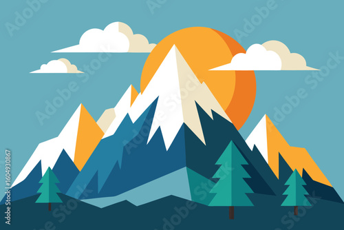 Geometric mountain landscape illustration with sun and clouds for an outdoor adventure concept.
