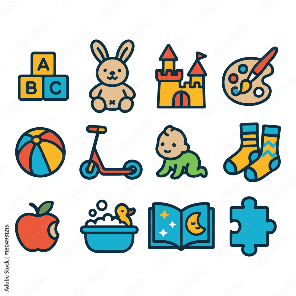 Fototapeta premium Colorful Kids Toy and Education Icon Set – Baby, Puzzle, Scooter, ABC Blocks, Bath, Book, colorful illustrations.