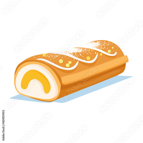 A delightful illustration of a delectable Swiss roll, a sweet and tempting treat. The rolled cake is decorated with a light dusting of powdered sugar