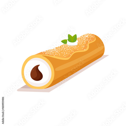 Delicious chocolate roll cake with icing and a mint leaf. Cannoli
