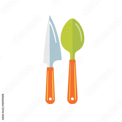 A colorful illustration of a knife and a spoon
