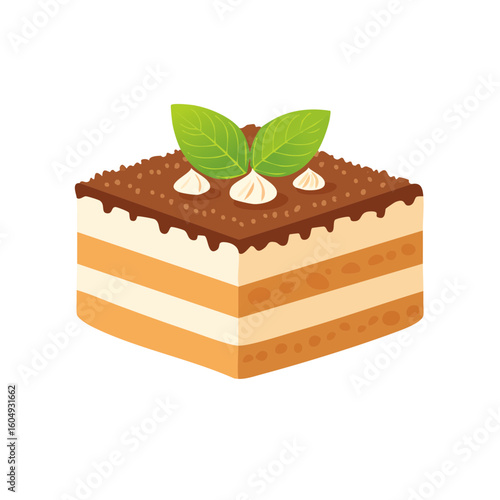 A delicious and beautifully decorated tiramisu dessert with green leaves