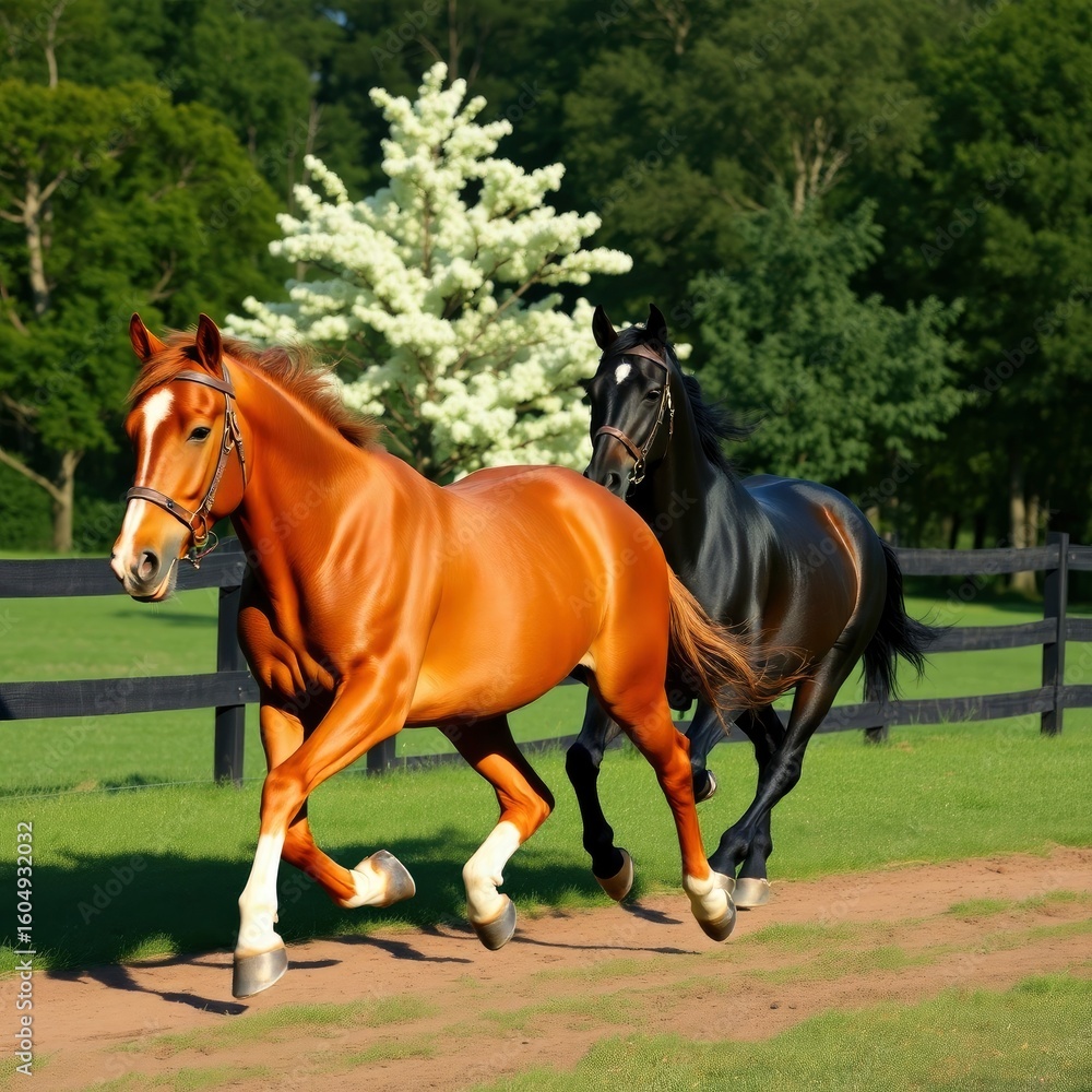 Obraz premium brown and black horses running in the horse field