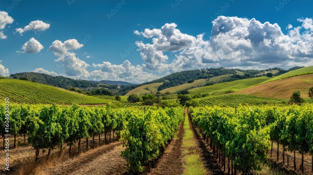 Fototapeta premium The serene vineyard landscape showcasing vibrant green rows and rolling hills.