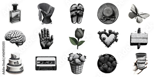 Vintage Everyday Objects In Retro Engraving Set. Nostalgic Collection Of Items Illustration Isolated On Transparent Background